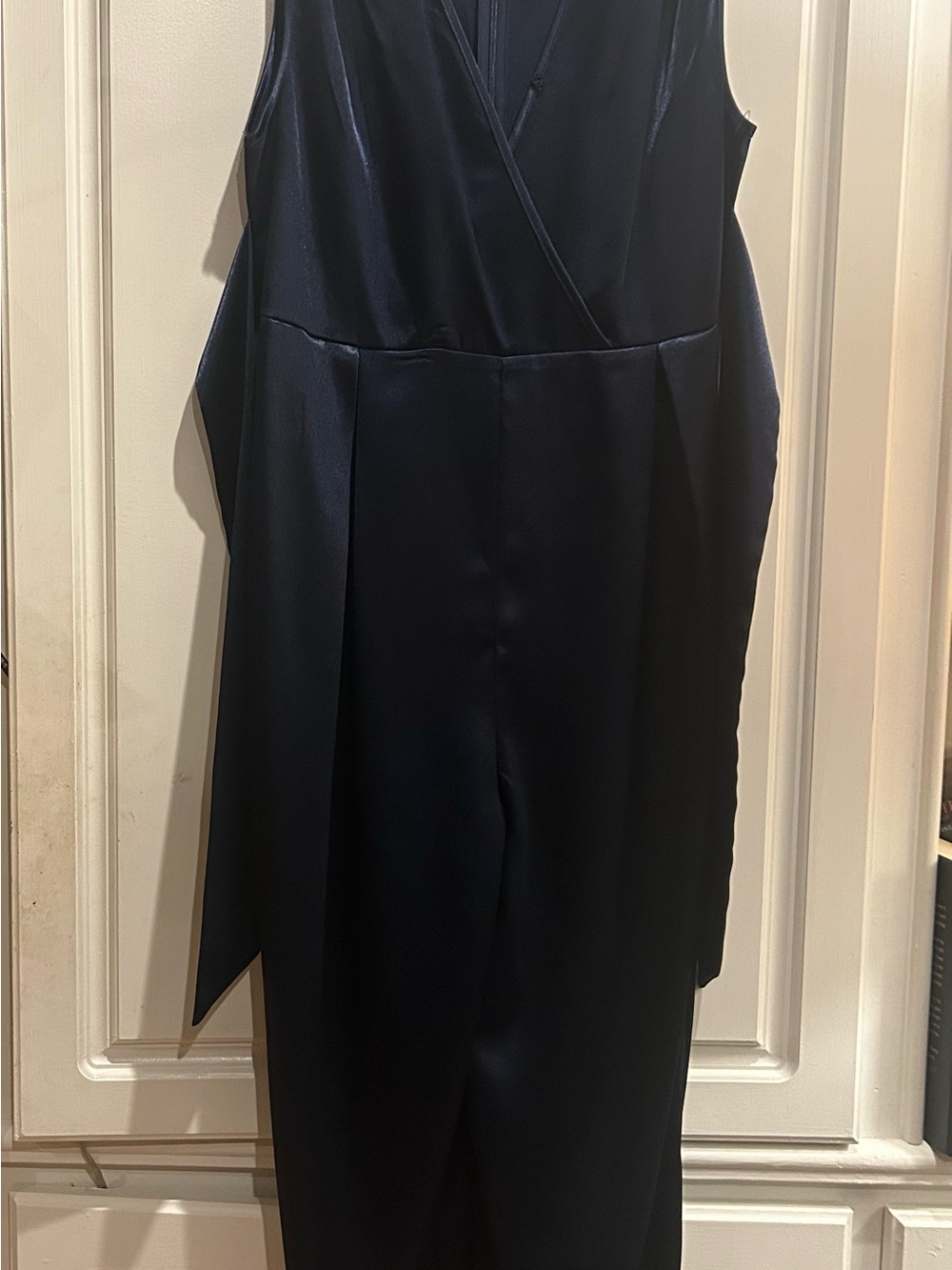 Navy Satin Wrap-Front Jumpsuit - Picture 14 of 15